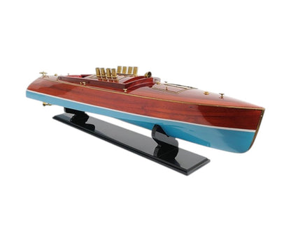 9" Blue and Brown Solid Wood Hand Painted Model Boat Tabletop Sculpture