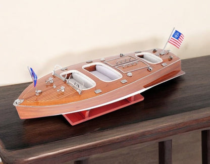10" Wood Brown Solid Wood Hand Painted Model Boat Tabletop Sculpture