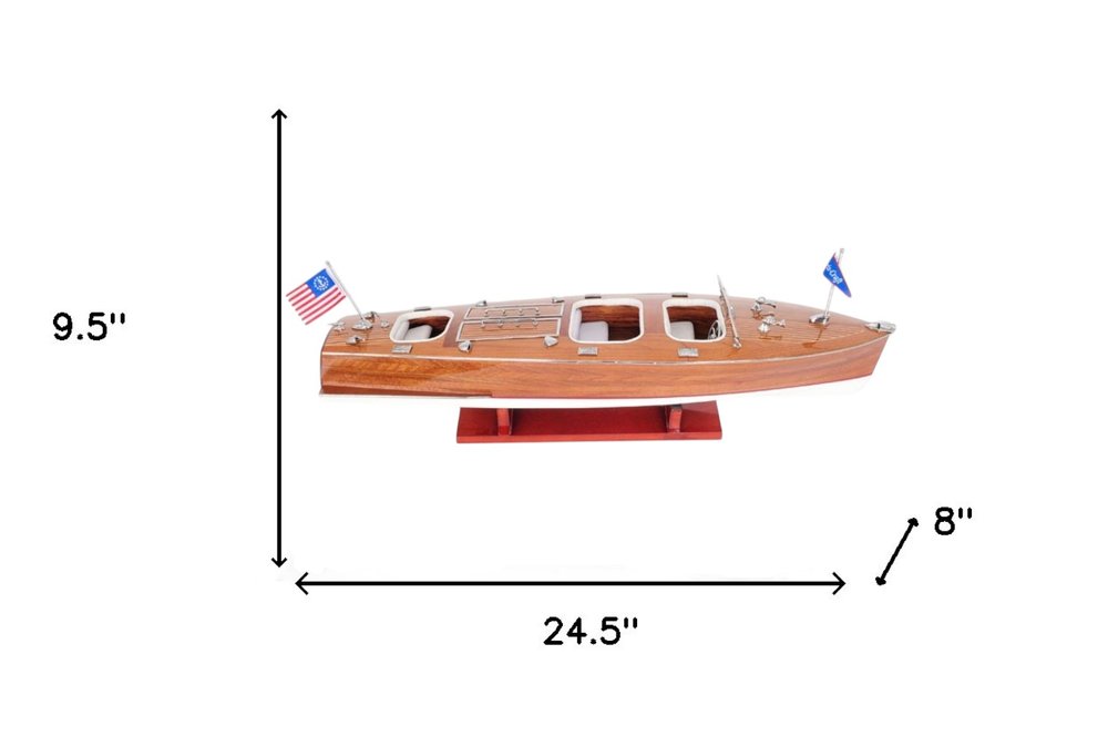 10" Wood Brown Solid Wood Hand Painted Model Boat Tabletop Sculpture