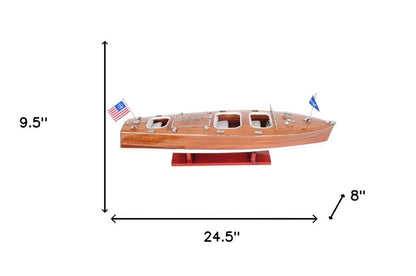 10" Wood Brown Solid Wood Hand Painted Model Boat Tabletop Sculpture