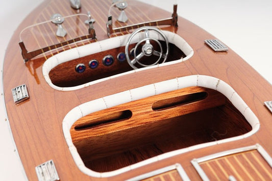 10" Wood Brown Solid Wood Hand Painted Model Boat Tabletop Sculpture