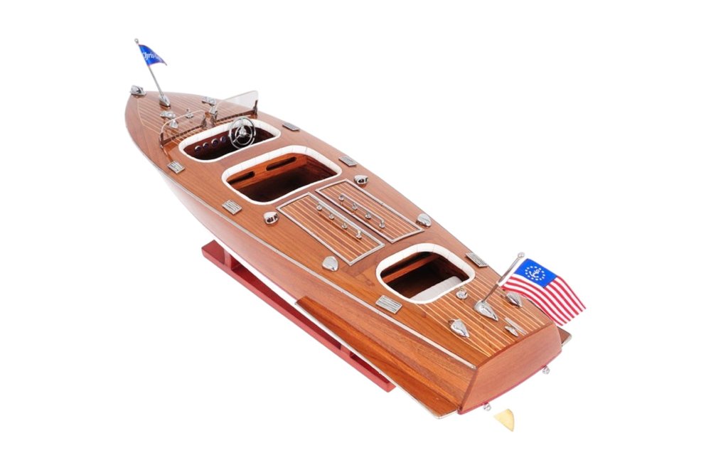 10" Wood Brown Solid Wood Hand Painted Model Boat Tabletop Sculpture