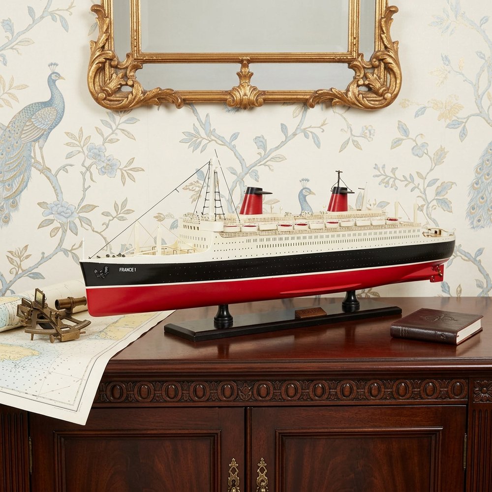 11" Black and Red SS France Boat Hand Painted Decorative Boat