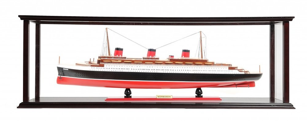 15" Black and Red Solid Wood Hand Painted Normandie Large Display Case Model Boat