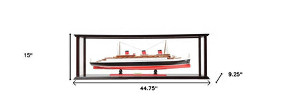 15" Black and Red Solid Wood Hand Painted Normandie Large Display Case Model Boat