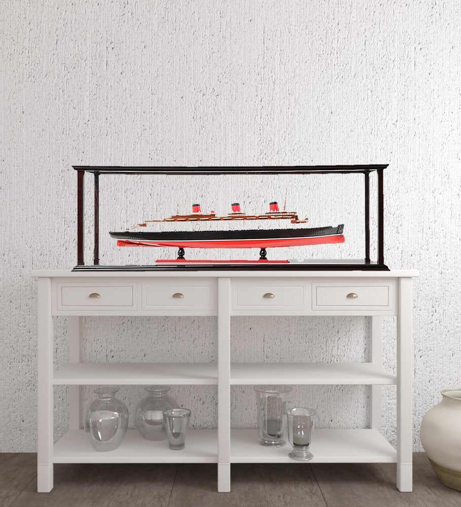 15" Black and Red Solid Wood Hand Painted Normandie Large Display Case Model Boat