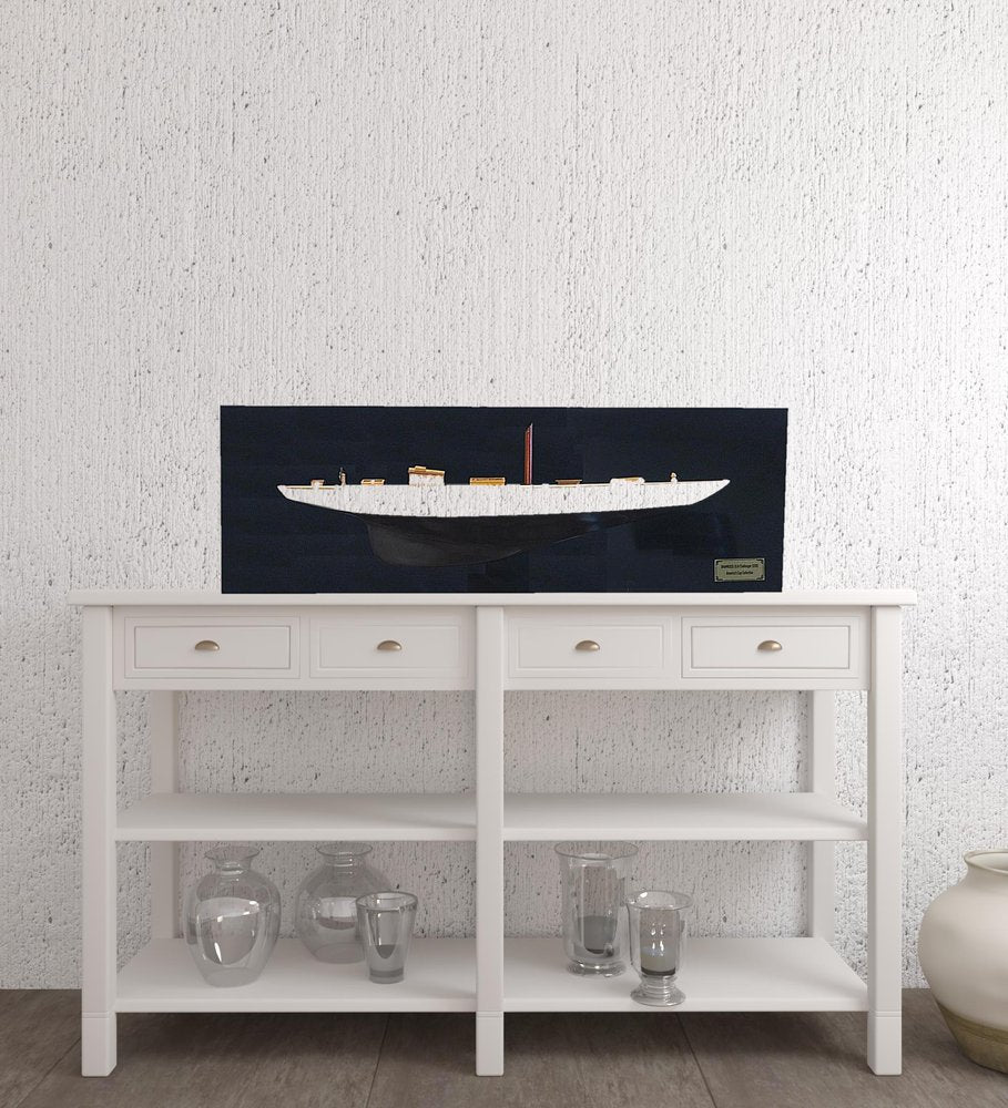 12" Black and White Solid Wood Hand Painted Shamrock V Yacht Half-Hull Model Boat