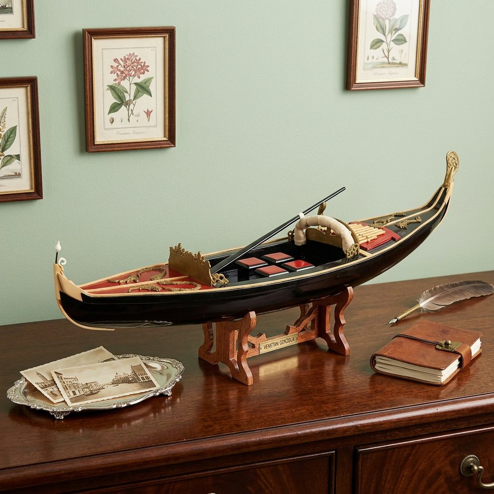 8" Black and Red Venetian Gondola Hand Painted Decorative Boat