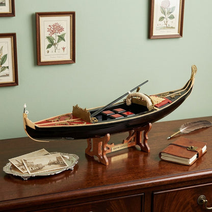 8" Black and Red Venetian Gondola Hand Painted Decorative Boat