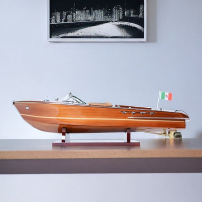 7" Wood Brown Solid Wood Hand Painted Riva Aqurama Medium Speedboat Model Boat
