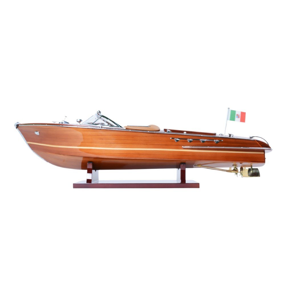 7" Wood Brown Solid Wood Hand Painted Riva Aqurama Medium Speedboat Model Boat
