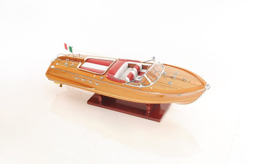 7" Wood Brown Solid Wood Hand Painted Riva Aqurama Medium Speedboat Model Boat