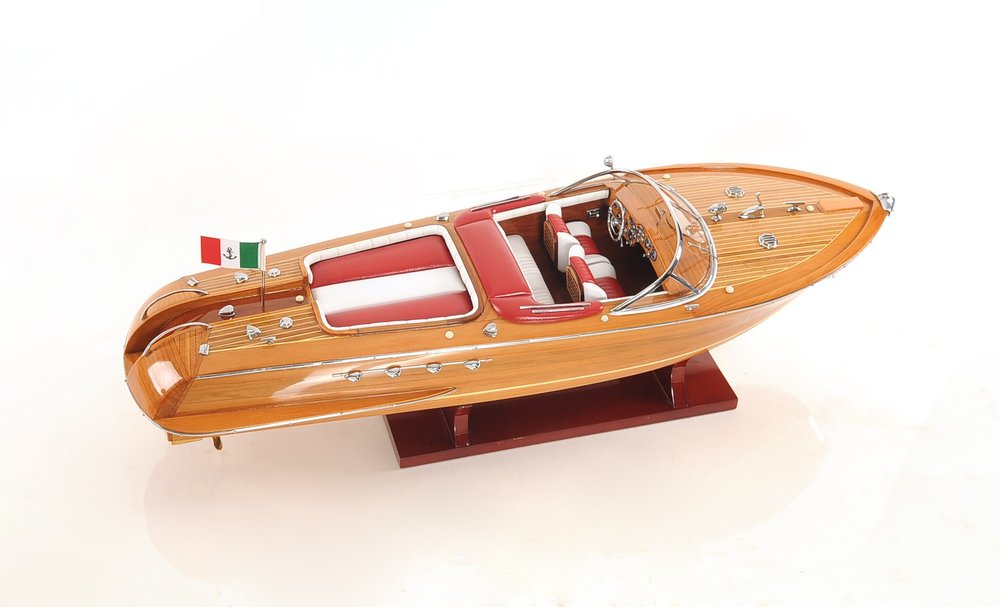 7" Wood Brown Solid Wood Hand Painted Riva Aqurama Medium Speedboat Model Boat