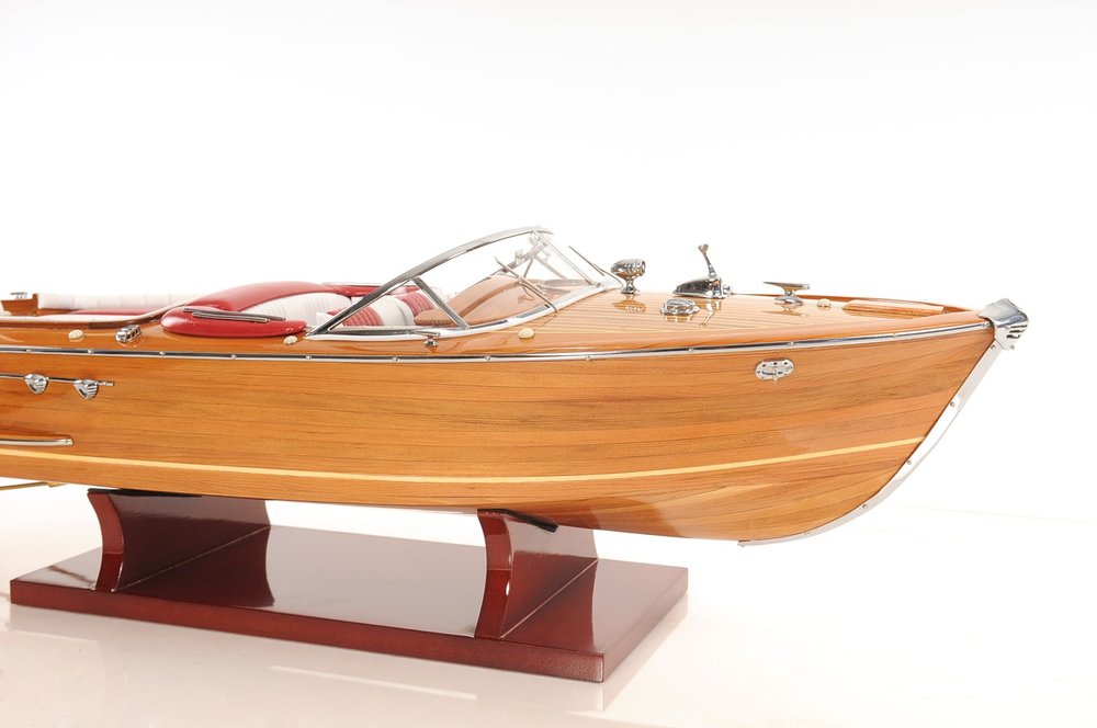 7" Wood Brown Solid Wood Hand Painted Riva Aqurama Medium Speedboat Model Boat