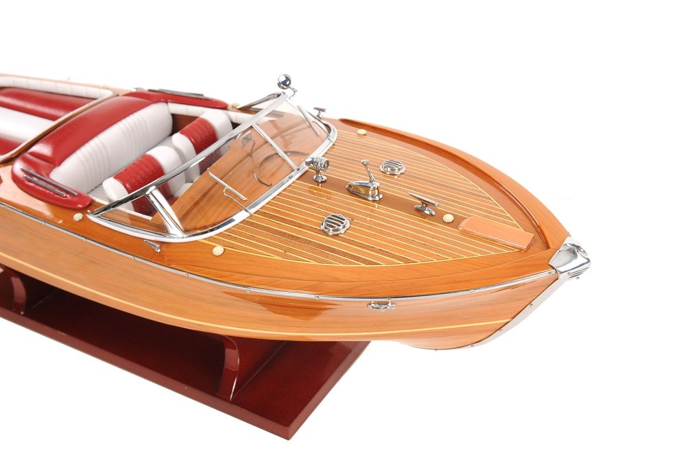 7" Wood Brown Solid Wood Hand Painted Riva Aqurama Medium Speedboat Model Boat