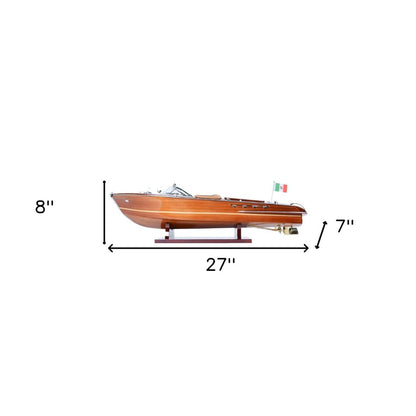 7" Wood Brown Solid Wood Hand Painted Riva Aqurama Medium Speedboat Model Boat