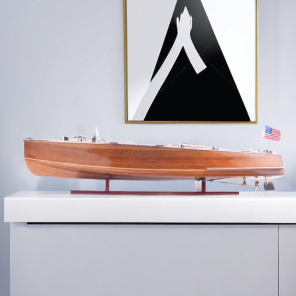 9" Wood Brown Solid Wood Hand Painted c1928 Chris Craft Triple Cockpit Large Model Boat