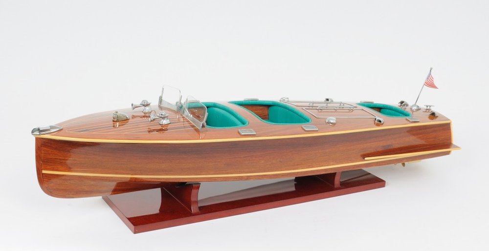 9" Wood Brown Solid Wood Hand Painted c1928 Chris Craft Triple Cockpit Large Model Boat