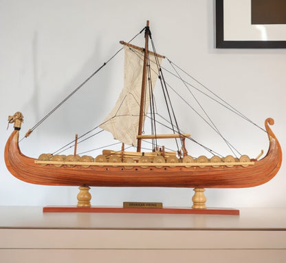 13" Wood Brown Solid Wood Hand Painted Model Boat Tabletop Sculpture