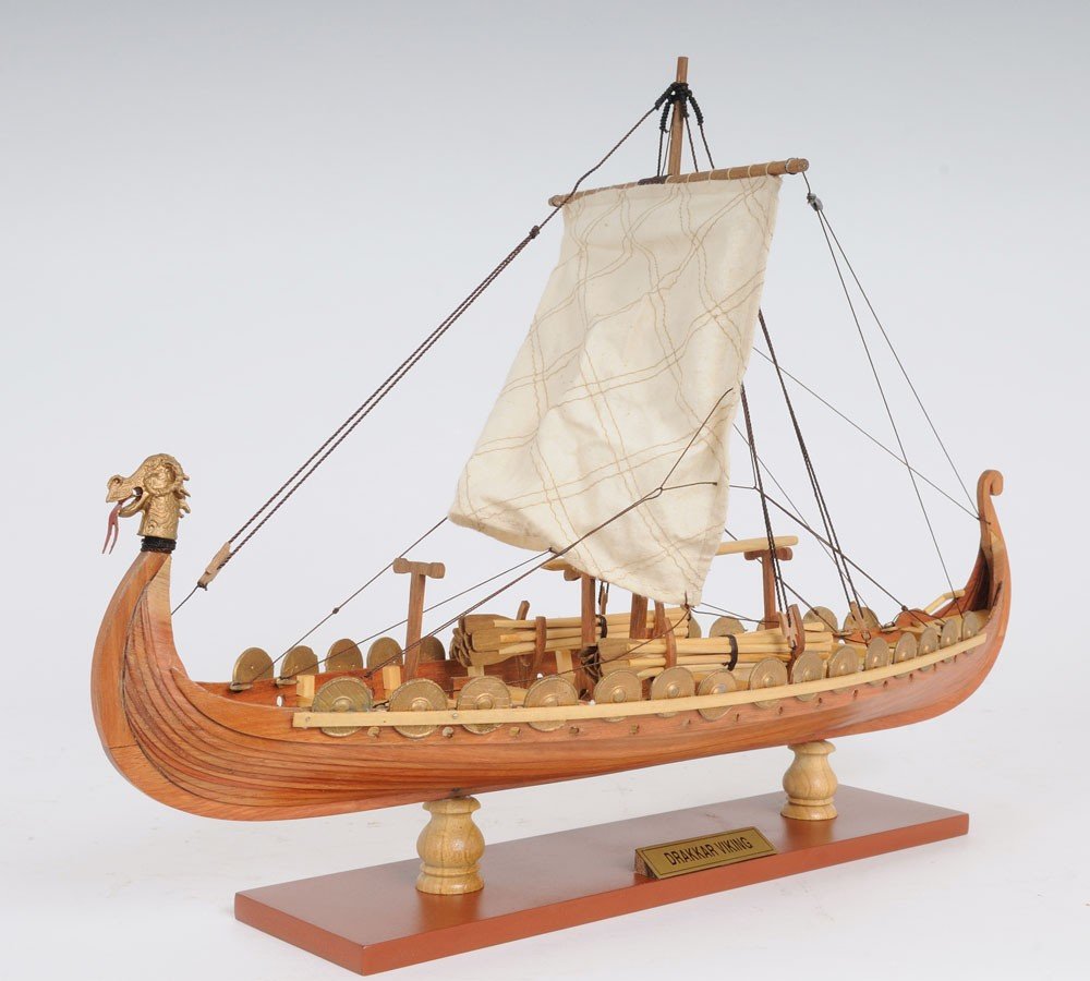 13" Wood Brown Solid Wood Hand Painted Model Boat Tabletop Sculpture