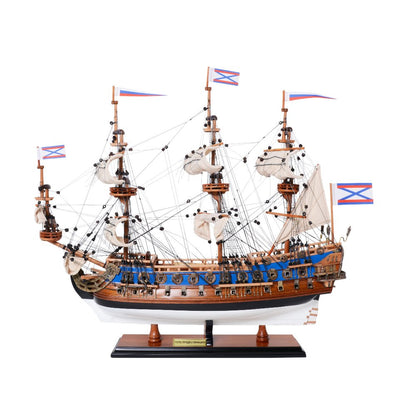 22" Blue and Brown Solid Wood Hand Painted 1700 Goto Predestination Medium Model Boat