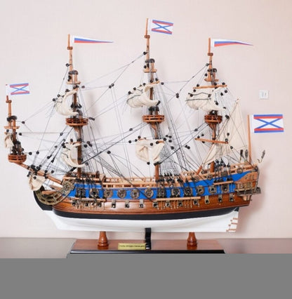 22" Blue and Brown Solid Wood Hand Painted 1700 Goto Predestination Medium Model Boat