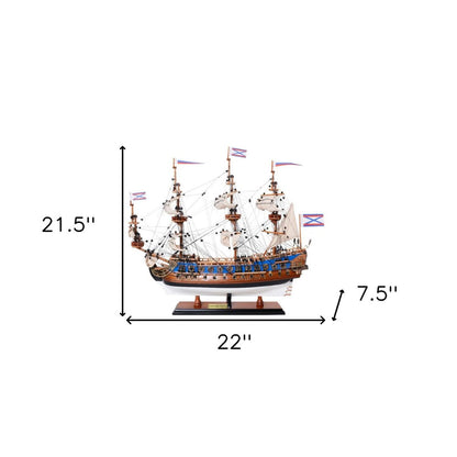 22" Blue and Brown Solid Wood Hand Painted 1700 Goto Predestination Medium Model Boat