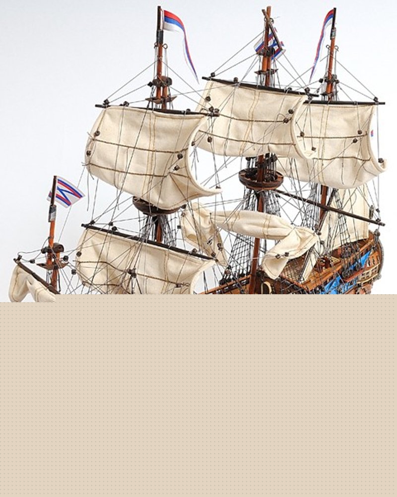 22" Blue and Brown Solid Wood Hand Painted 1700 Goto Predestination Medium Model Boat