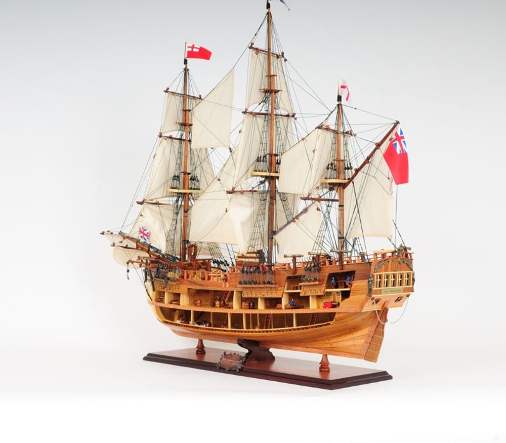34" Wood Brown Solid Wood Hand Painted HMS Endeavour 1768 Open Hull Model Boat