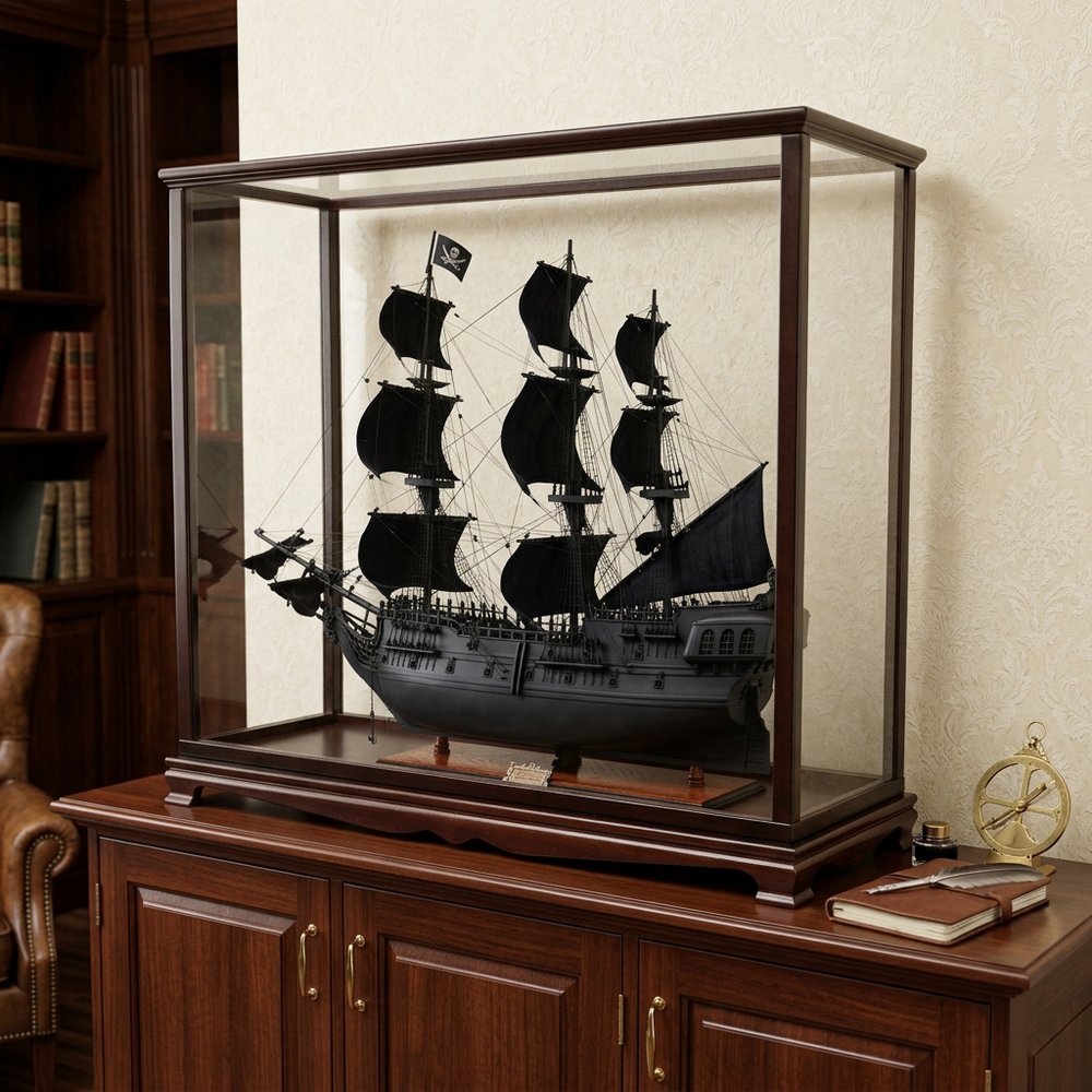 39" Black Solid Wood Hand Painted Black Pearl Pirate Table Top Display Model Boat