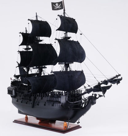 24" Black Solid Wood Hand Painted Model Boat Tabletop Sculpture