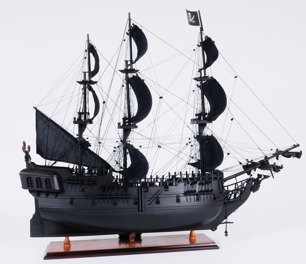 24" Black Solid Wood Hand Painted Model Boat Tabletop Sculpture
