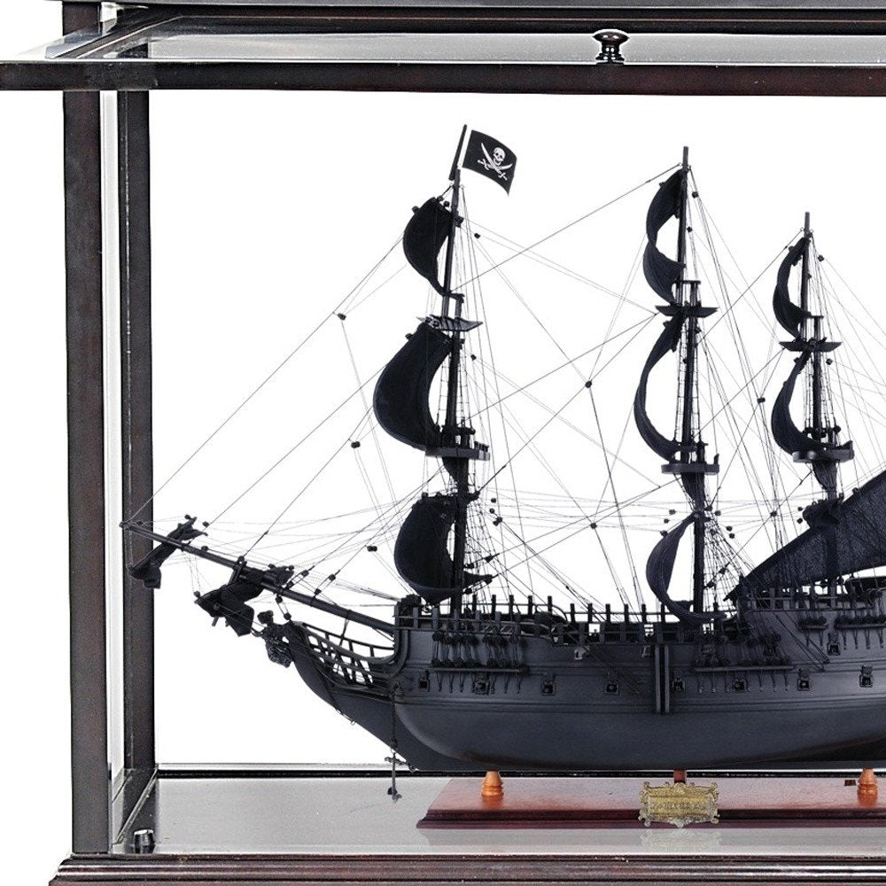 30" Black Solid Wood Hand Painted Black Pearl Pirate Medium Open Display Case Model Boat