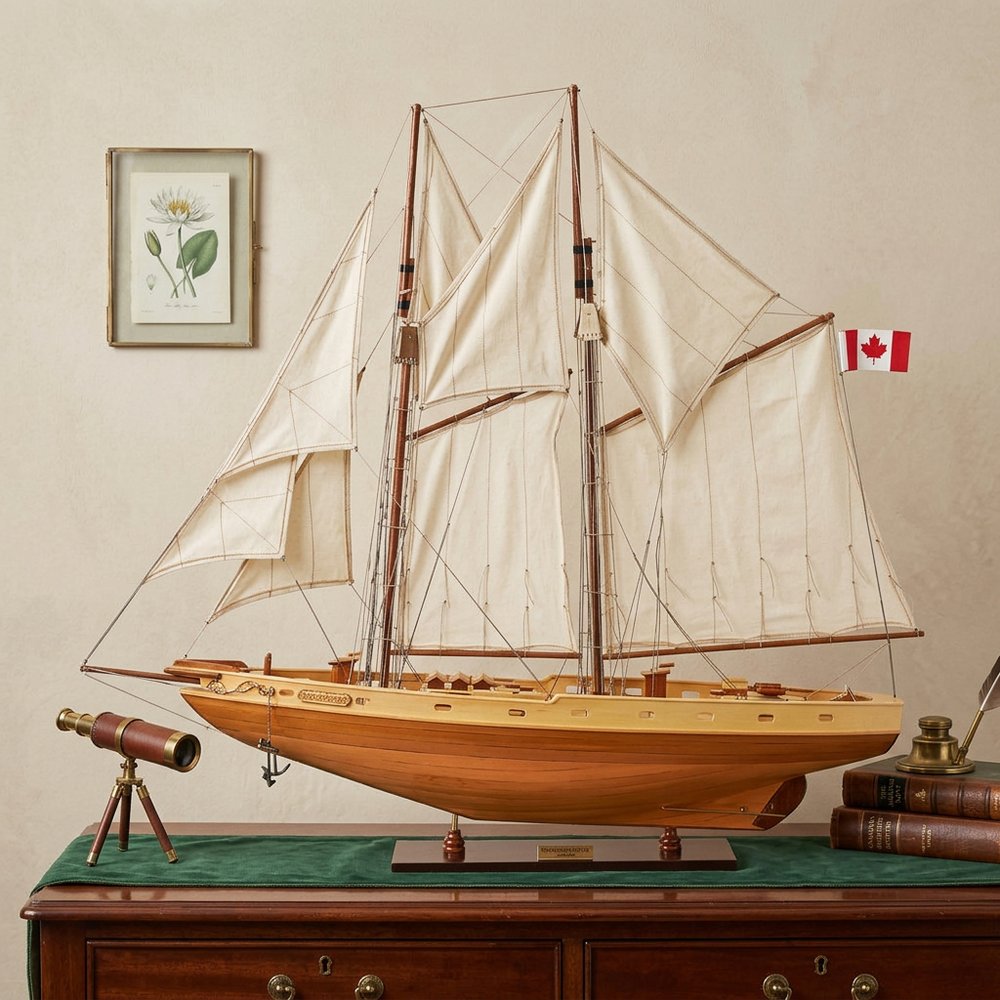 33" Wood Brown Solid Wood Hand Painted Bluenose II Model Boat