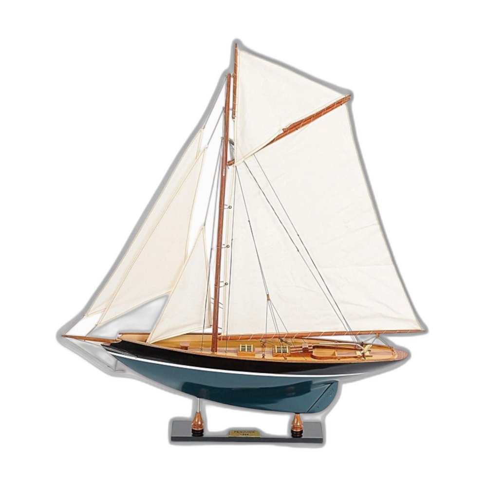 31" Black Blue And White Solid Wood Pen Duick Hand Painted Model Sail Boat