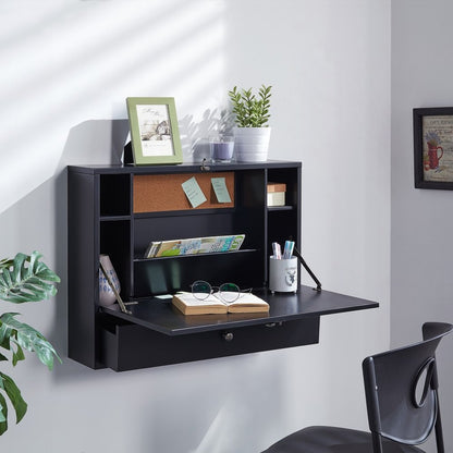 26" Black Wood Wall Mounted Folding Floating Desk