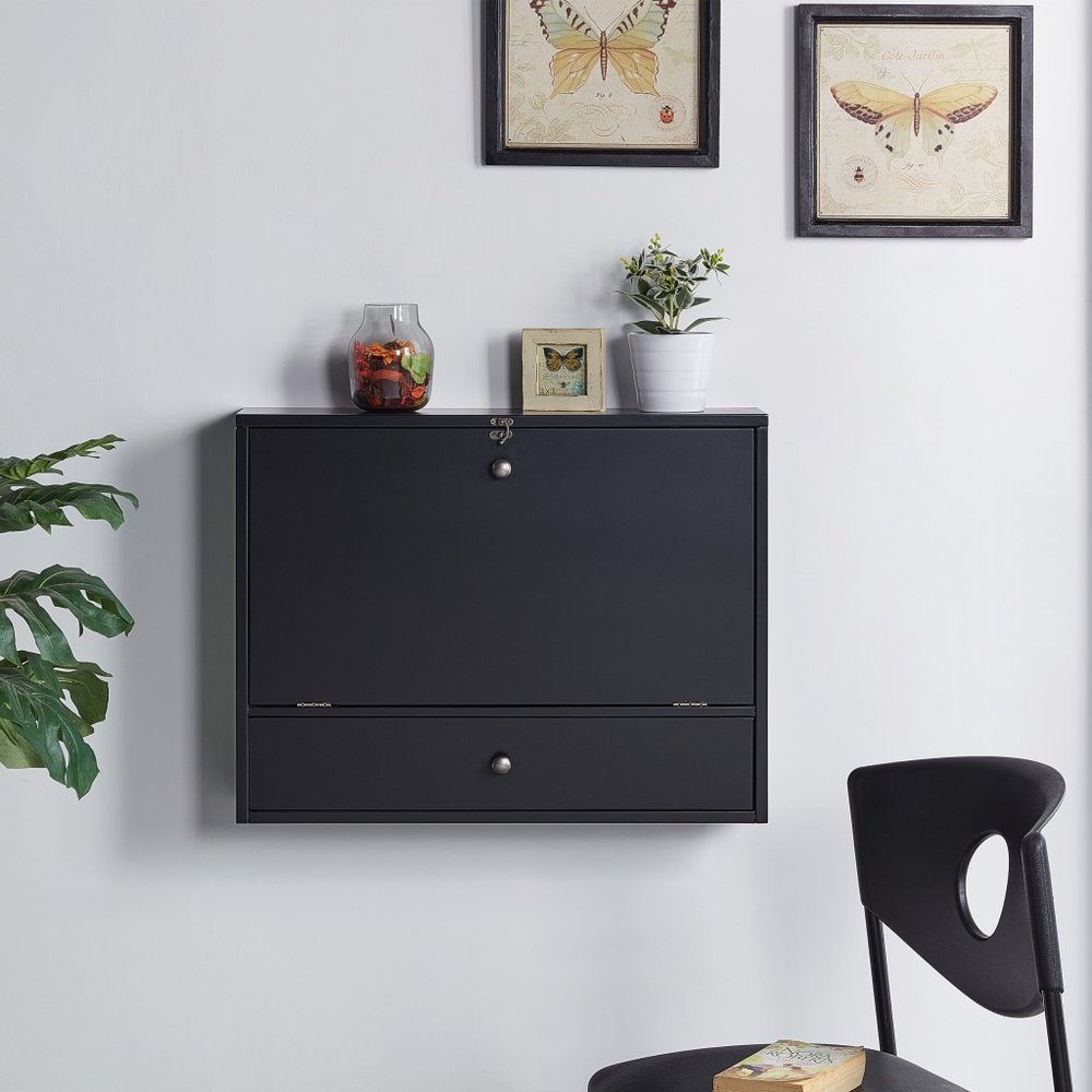 26" Black Wood Wall Mounted Folding Floating Desk
