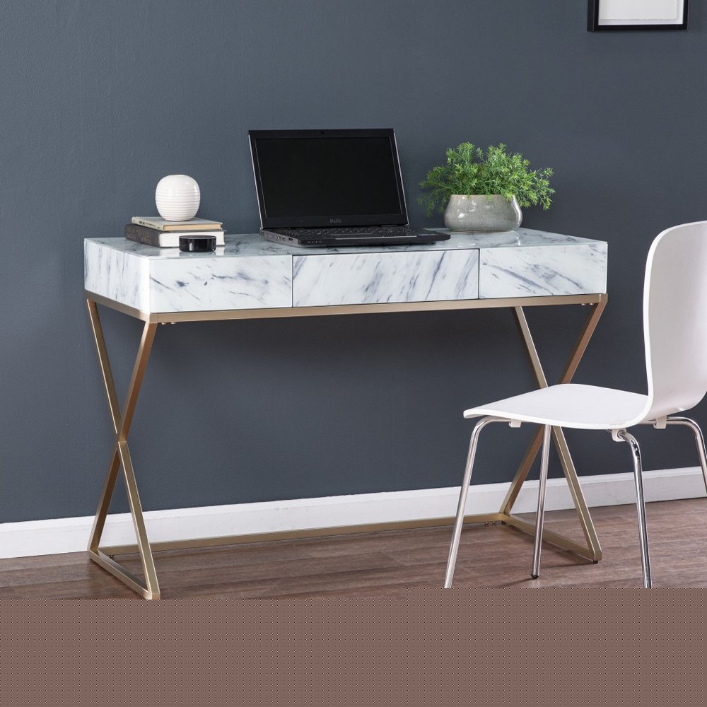 45" White and Bronze Glass Writing Desk With Two Drawers