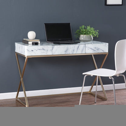 45" White and Bronze Glass Writing Desk With Two Drawers