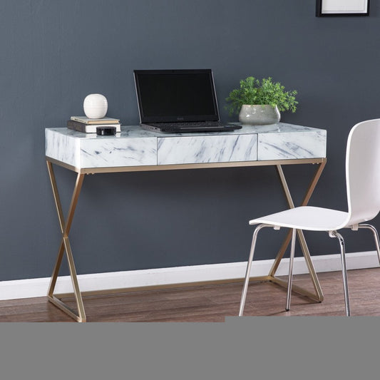 45" White and Bronze Glass Writing Desk With Two Drawers