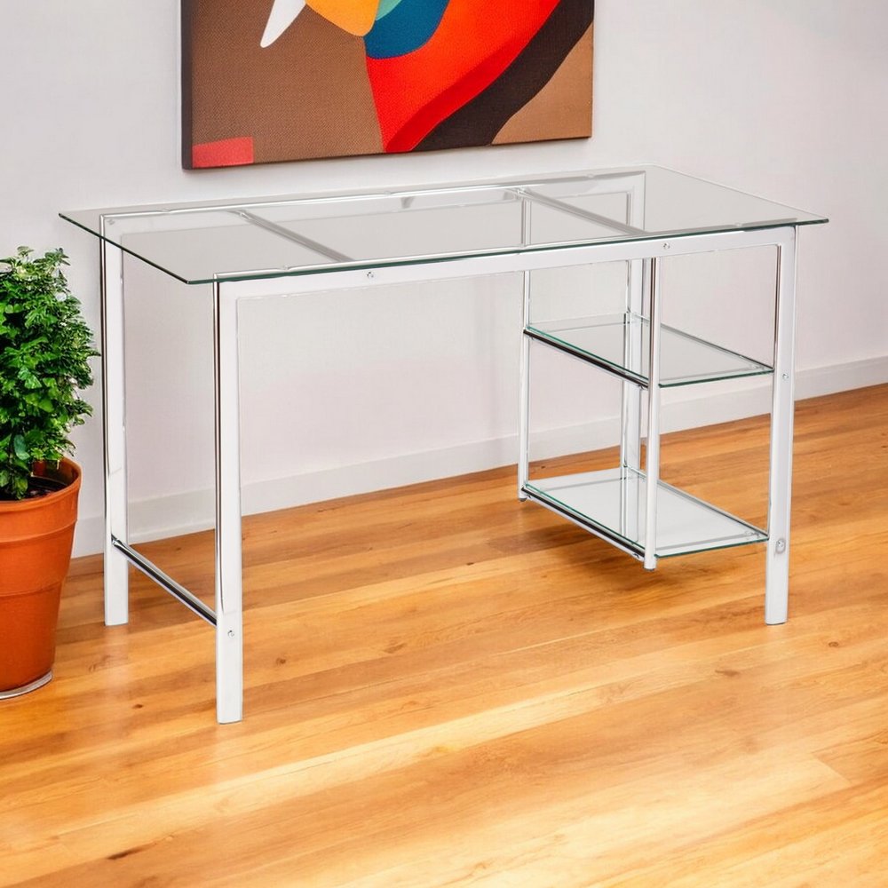 47" Clear and Silver Glass and Metal Writing Desk