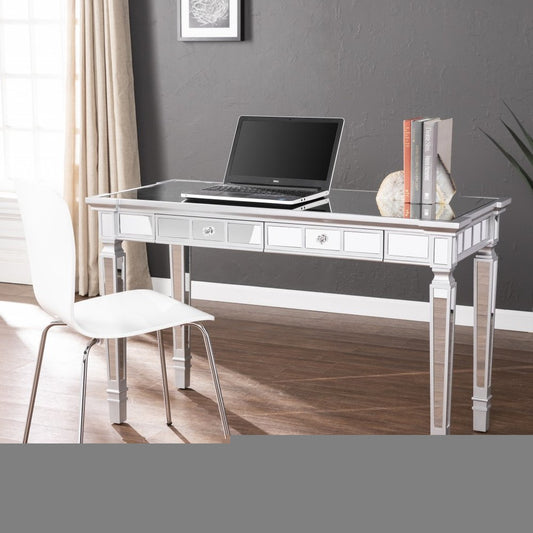 47" Silver Mirrored Writing Desk With Two Drawers