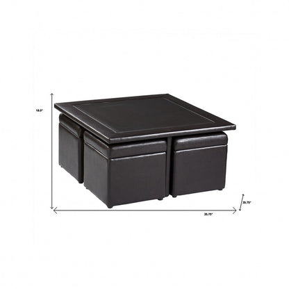 Five Piece Dark Brown Faux Leather Coffee Table and Storage Ottoman Set