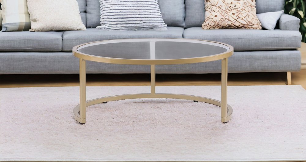 Set of Two Gold Glass Round Nested Coffee Tables