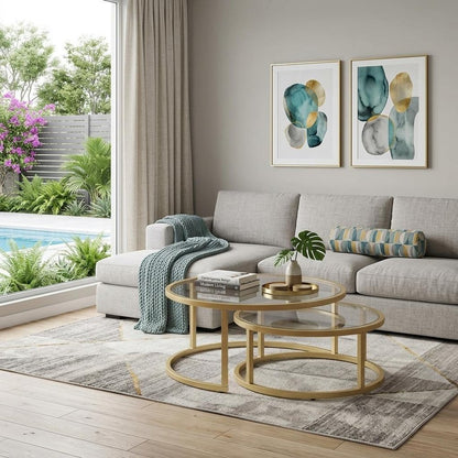 Set of Two Gold Glass Round Nested Coffee Tables