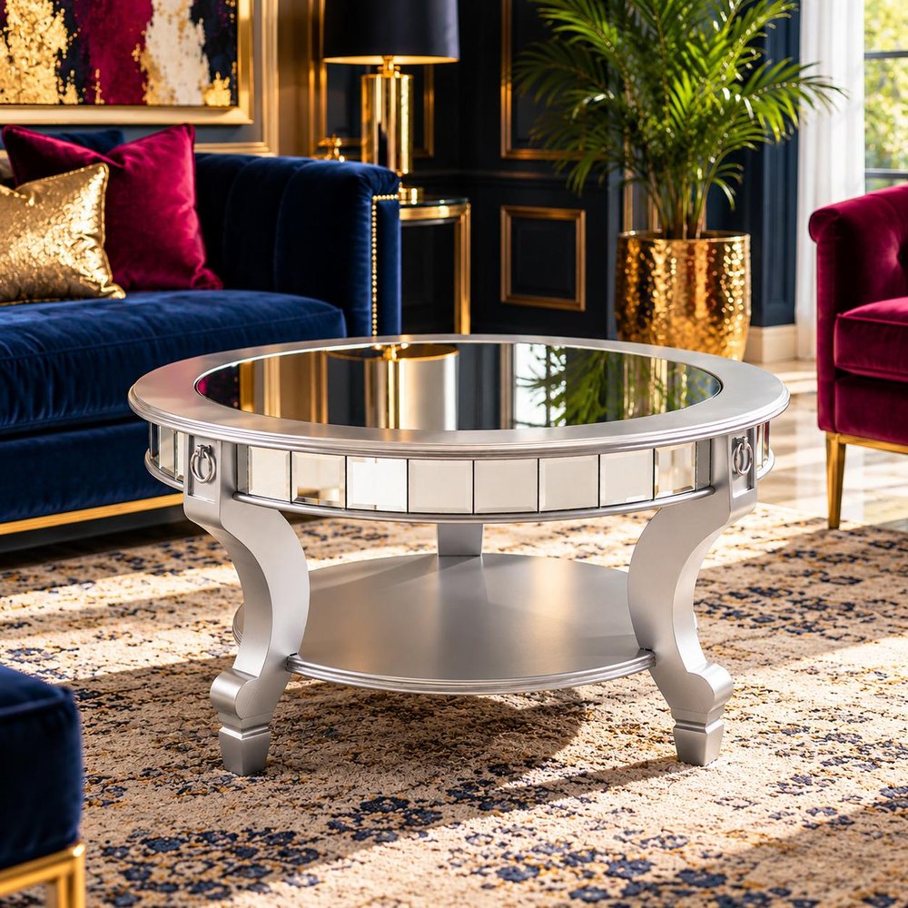 29" Silver Mirrored And Metal Round Mirrored Coffee Table