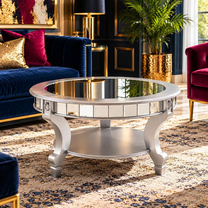 29" Silver Mirrored And Metal Round Mirrored Coffee Table