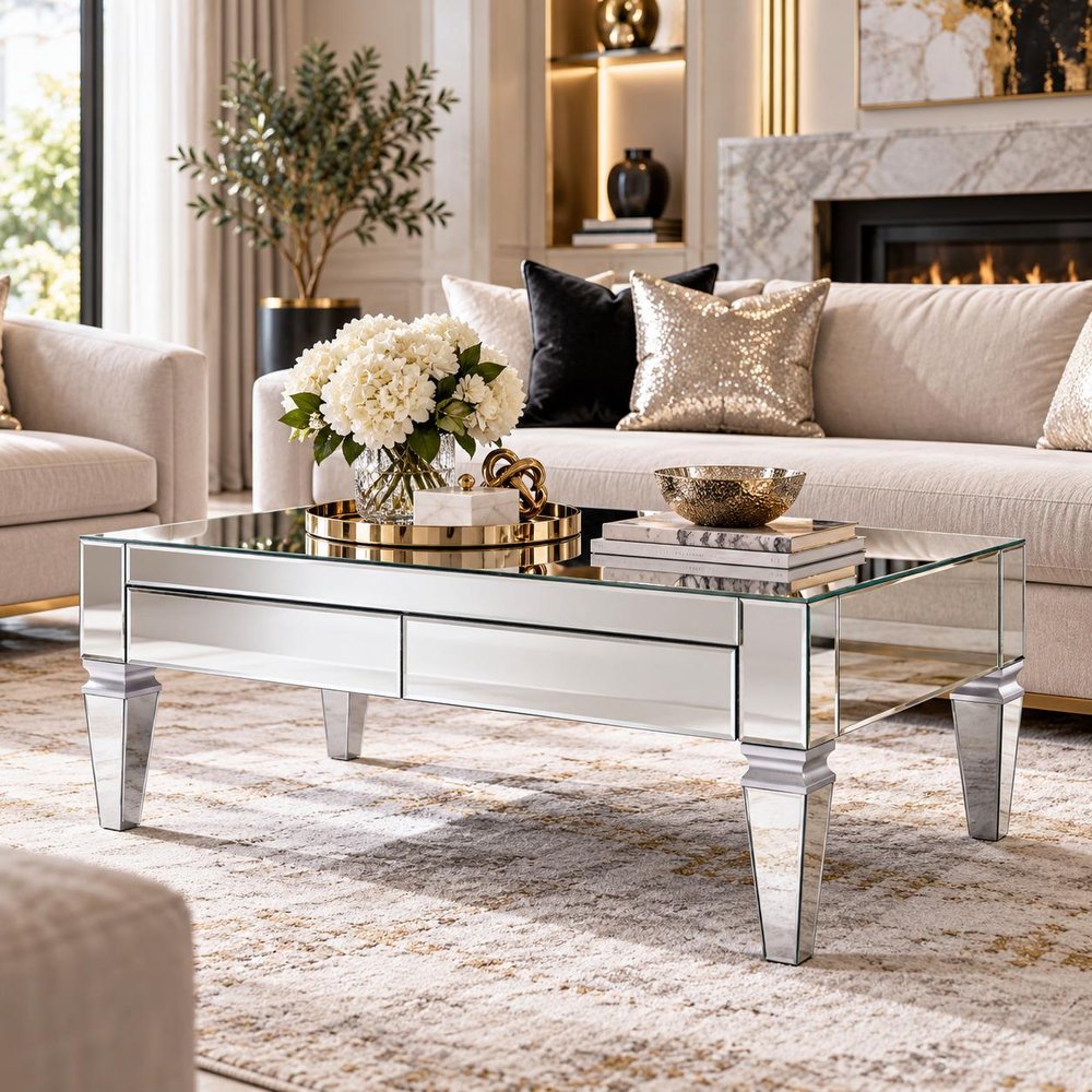 41" Silver Glass With Iron Mirrored Coffee Table