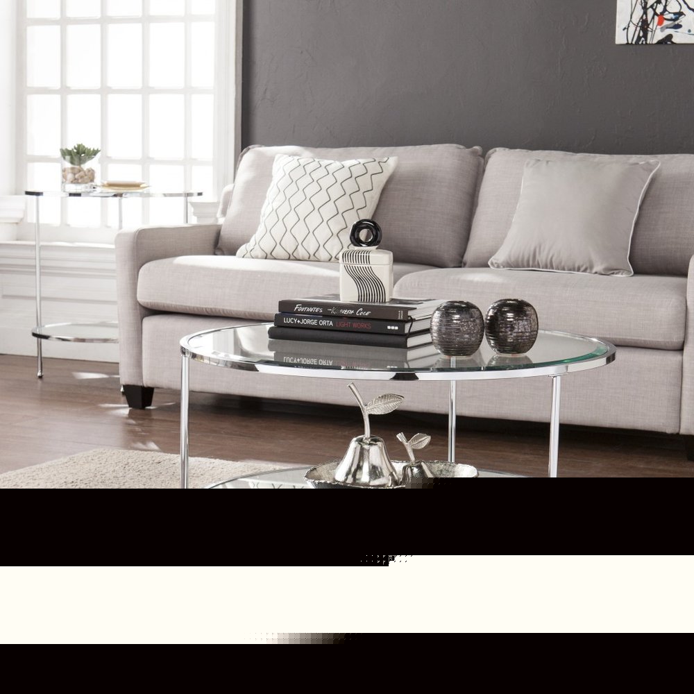 34" Chrome Glass And Metal Round Mirrored Coffee Table