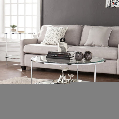 34" Chrome Glass And Metal Round Mirrored Coffee Table